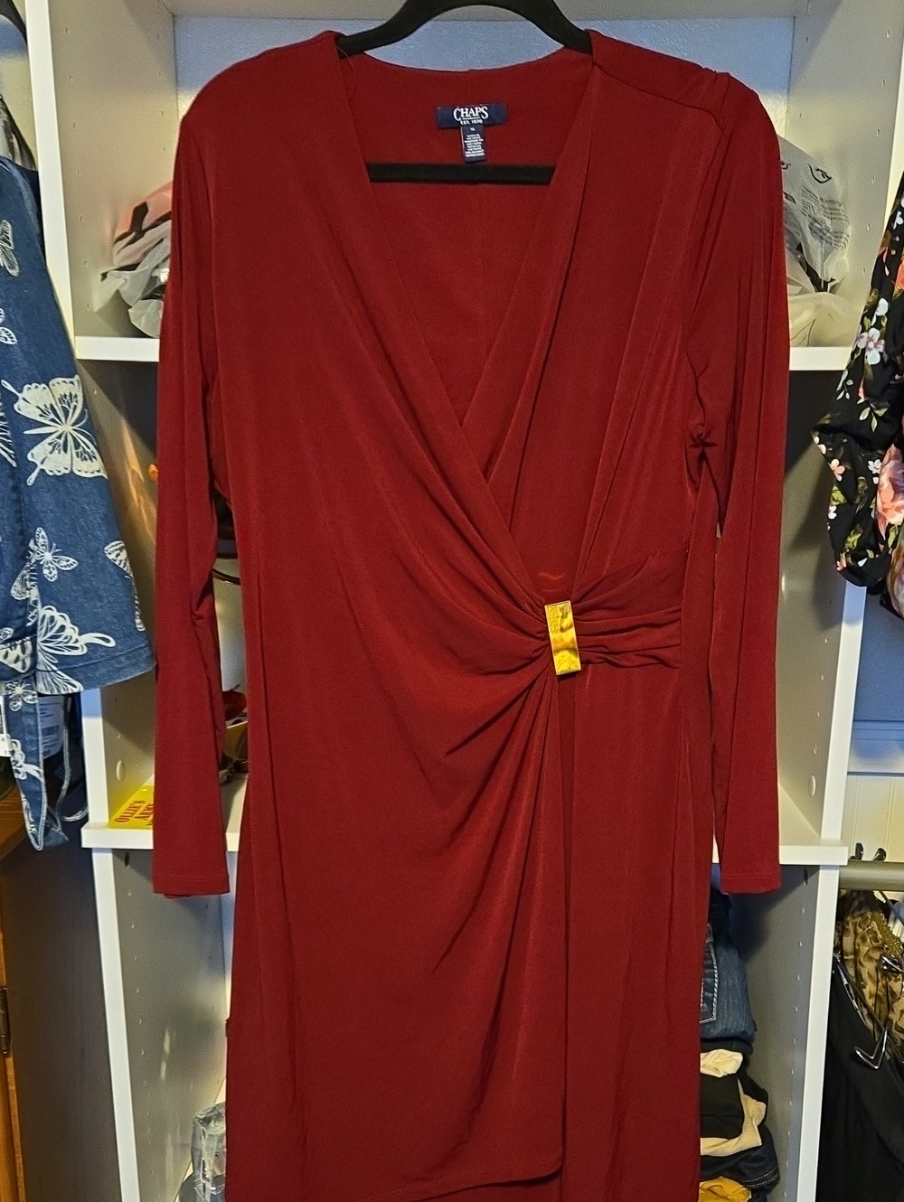 Chaps Women's Long Sleeve Wrap Dress in Crimson Red with Twist Detail